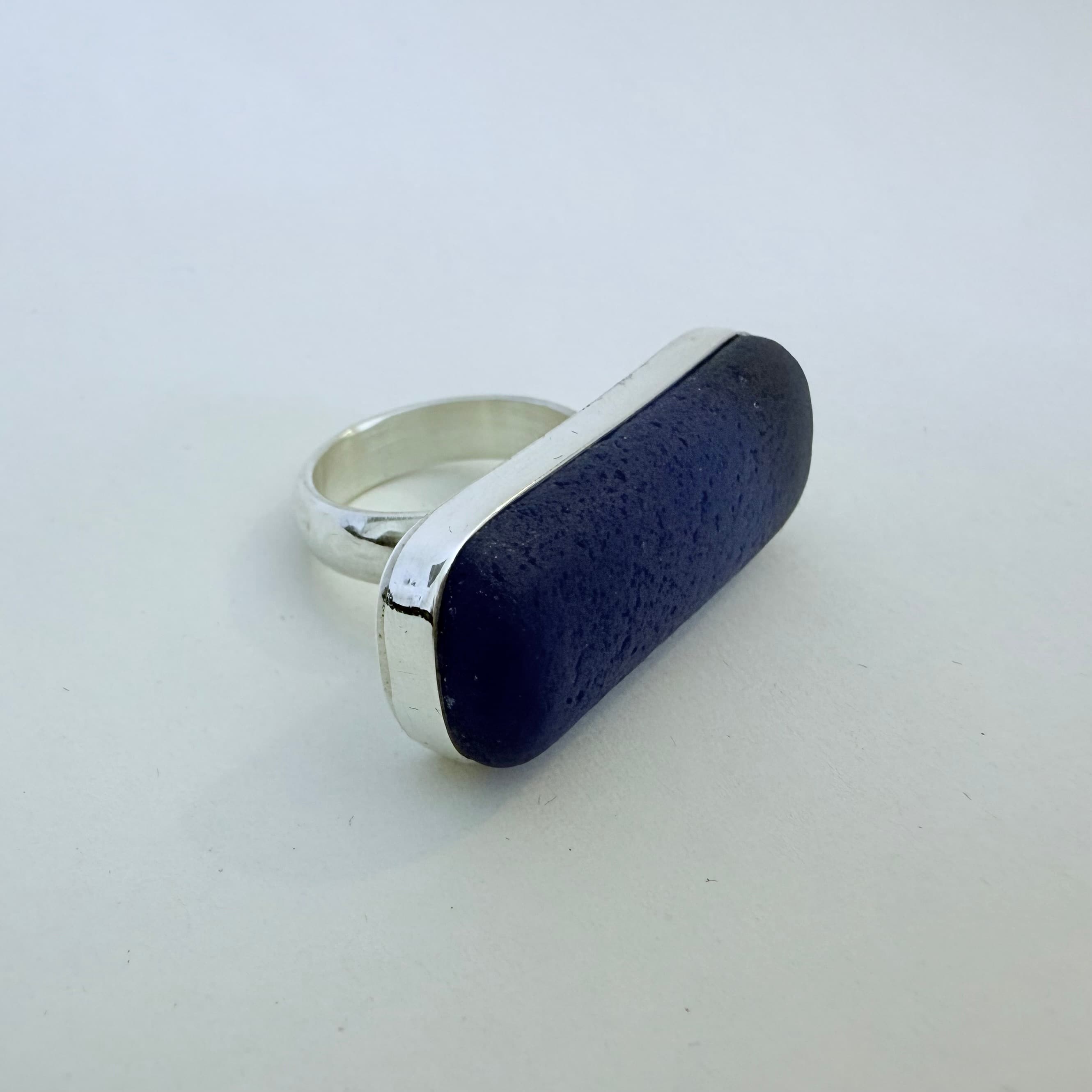 Cobalt blue sea glass cabochon ring