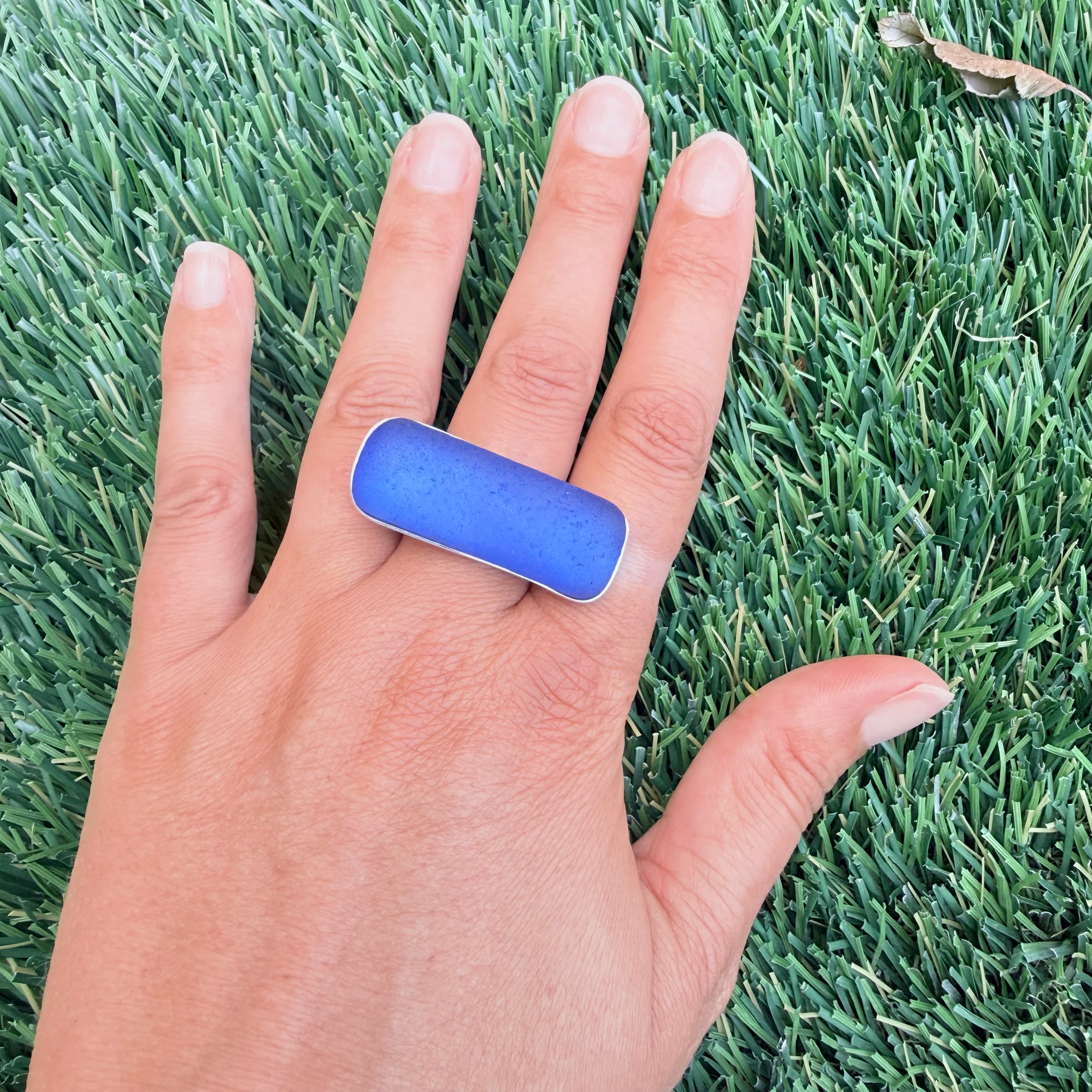 Cobalt blue sea glass cabochon ring