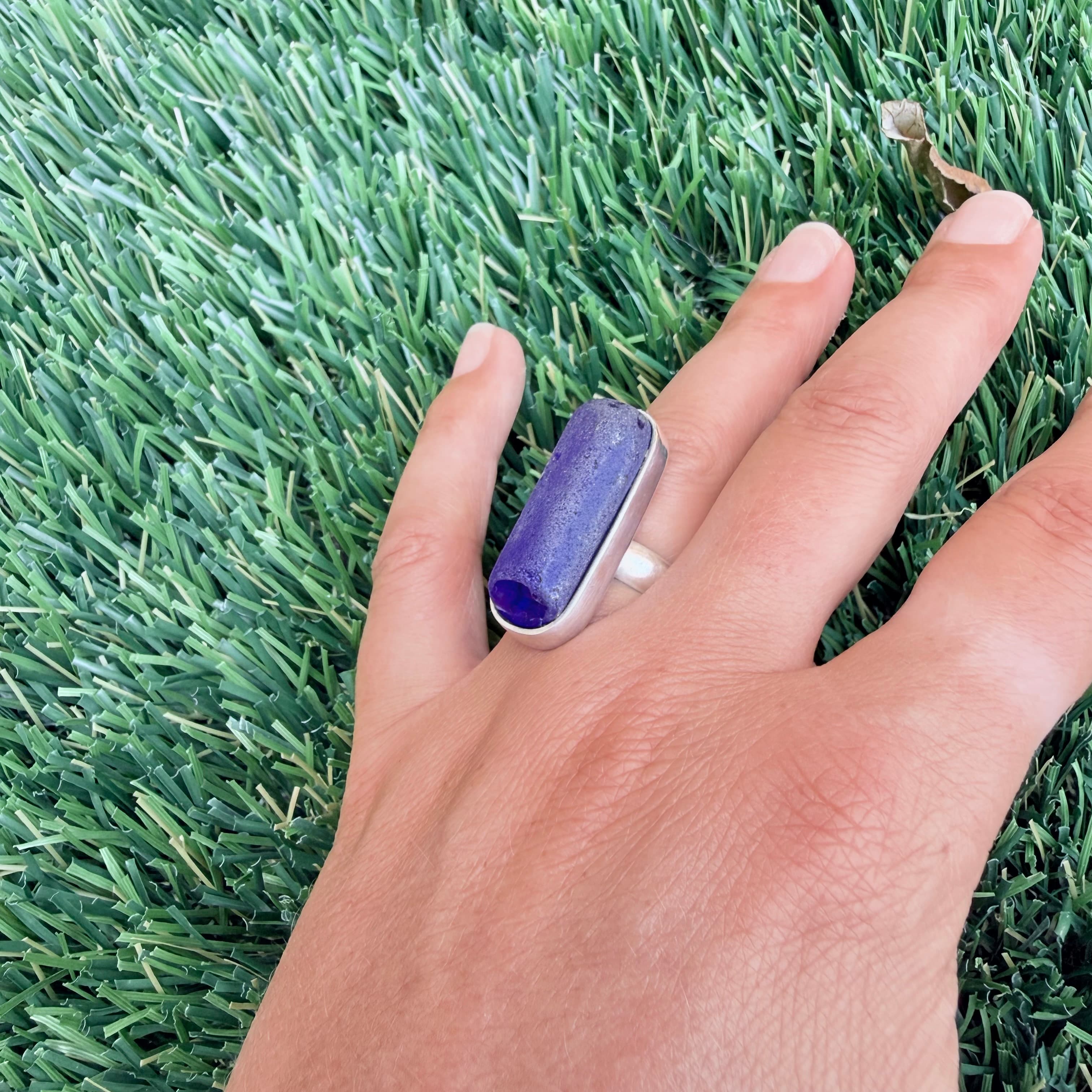 Dark blue sea glass cabochon ring
